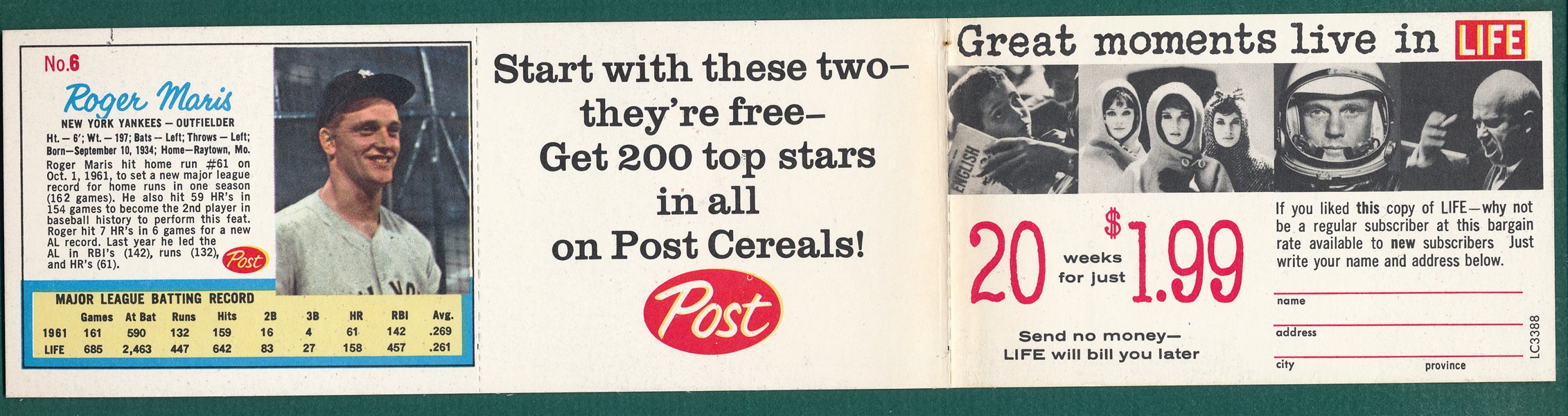 1962 Post Cereal, Life Magazine, Maris/Mantle Full Panel