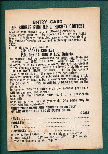 1962-63 Parkhurst Zip Hockey Tally Game Card
