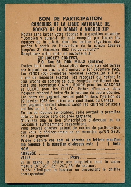 1962-63 Parkhurst Zip Hockey Tally Game Card