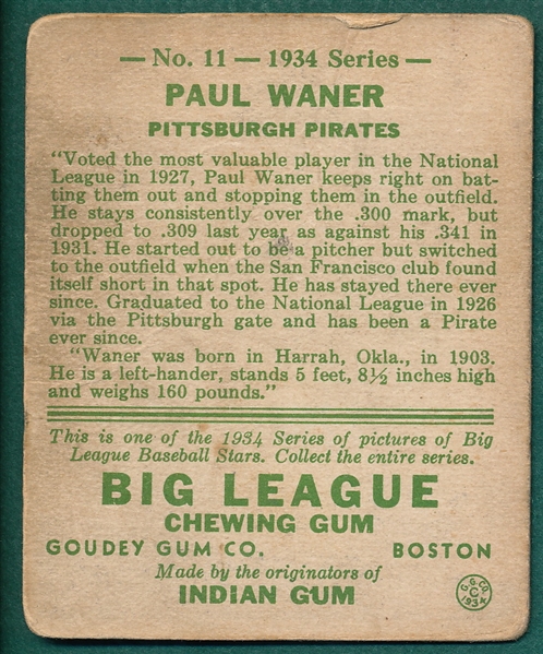 1934 Goudey #11 Paul Waner 