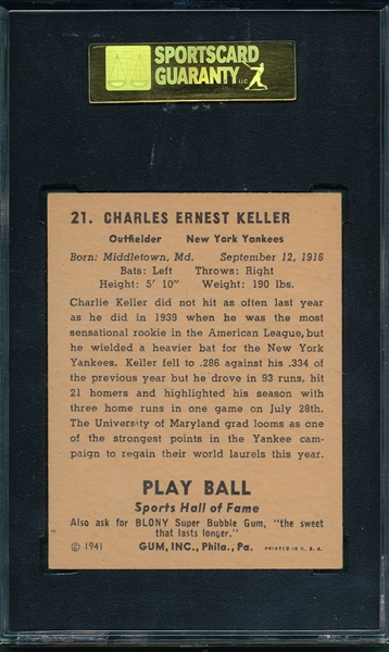 1941 Play Ball #21 Charlie Keller SGC 80
