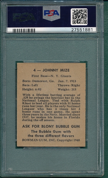 1948 Bowman #4 Johnny Mize PSA 7 
