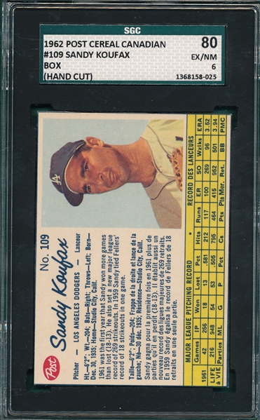 1962 Post Cereal Canadian #109 Sandy Koufax SGC 80