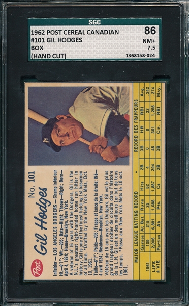 1962 Post Cereal Canadian #101 Gil Hodges SGC 86