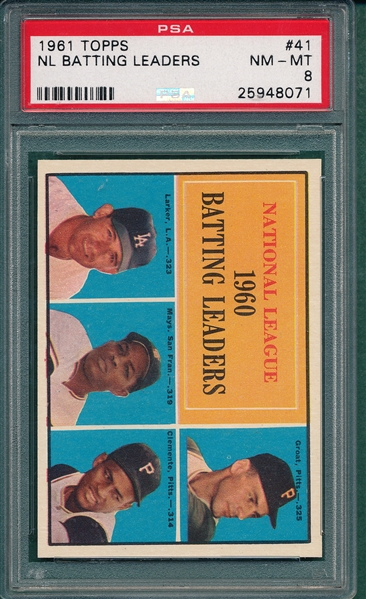 1961 Topps #41 NL Batting Leaders W/ Clemente & Mays PSA 8