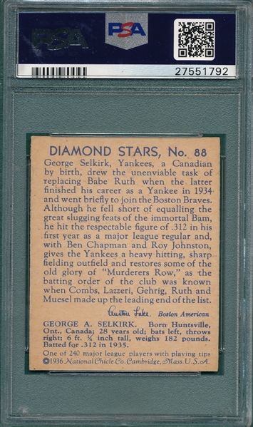 1934-36 Diamond Stars #88 George Selkirk PSA 6 *SP*