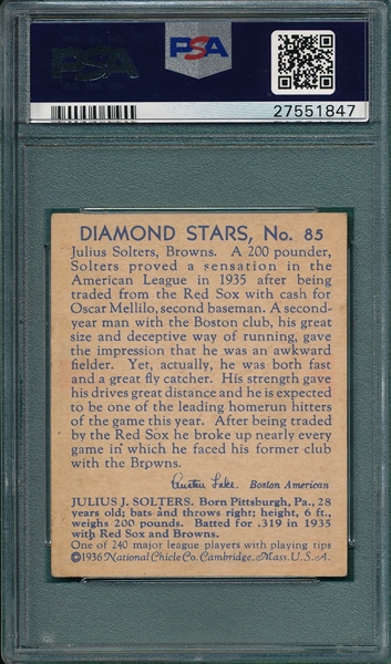 1934-36 Diamond Stars #85 Julius Solters PSA 4 *SP*