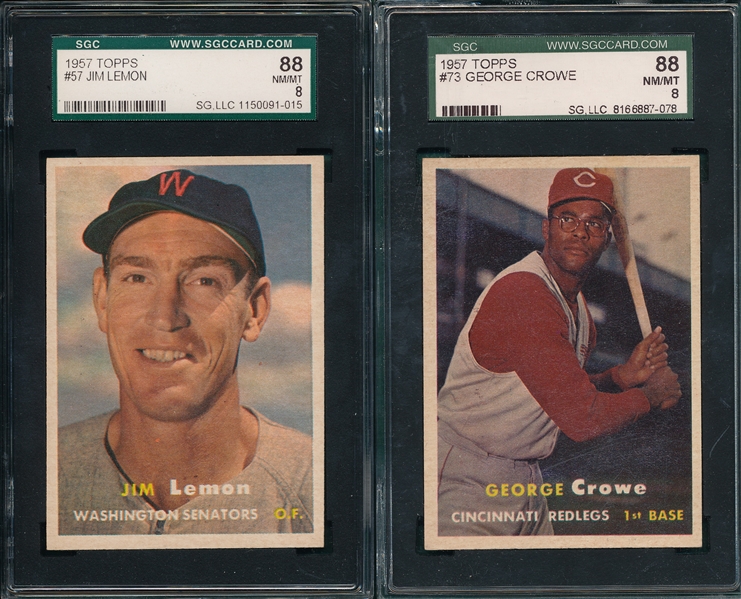 1957 Topps #57 Lemon & #73 Crowe, (2) Card Lot SGC 88