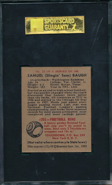 1948 Bowman FB #22 Sammy Baugh SGC 86 *Rookie*