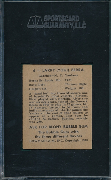 1948 Bowman #6 Yogi Berra SGC 80 *Rookie* 