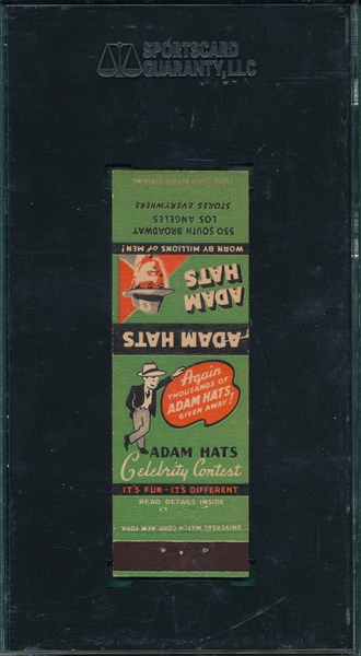 1930s Adam's Hats Carl Hubbell, Matchbook, SGC 60