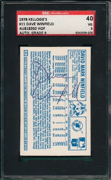 1978 Kellogg's #11 Dave Winfield, Autographed,  SGC Authentic