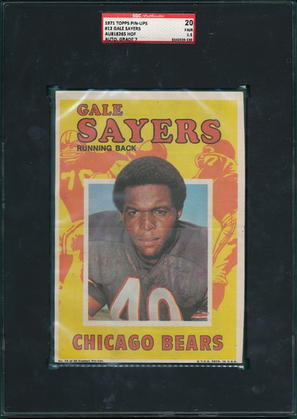 1971 Topps Pin-Ups #12 Gale Sayers, Autographed, SGC Authentic