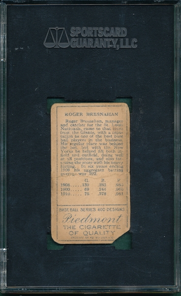 1911 T205 Bresnahan, Mouth Closed Piedmont Cigarettes SGC 10
