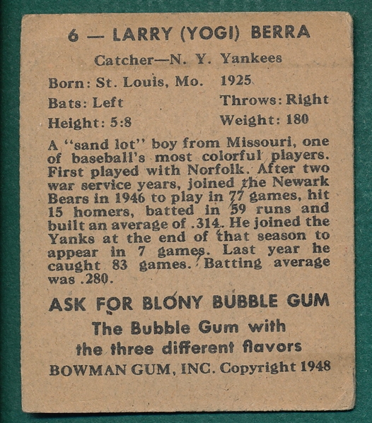 1948 Bowman #6 Yogi Berra, *Rookie*