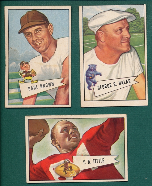 1952 Bowman FB Small #14 Brown, #17 Tittle & #48 Halas, Lot of (3) HOFers