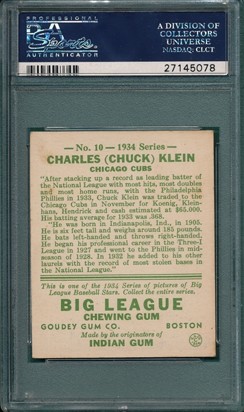 1934 Goudey #10 Chuck Klein PSA 4.5