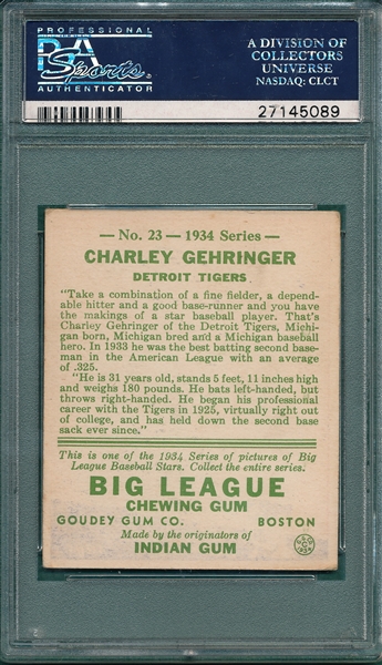 1934 Goudey #23 Charley Gehringer PSA 3