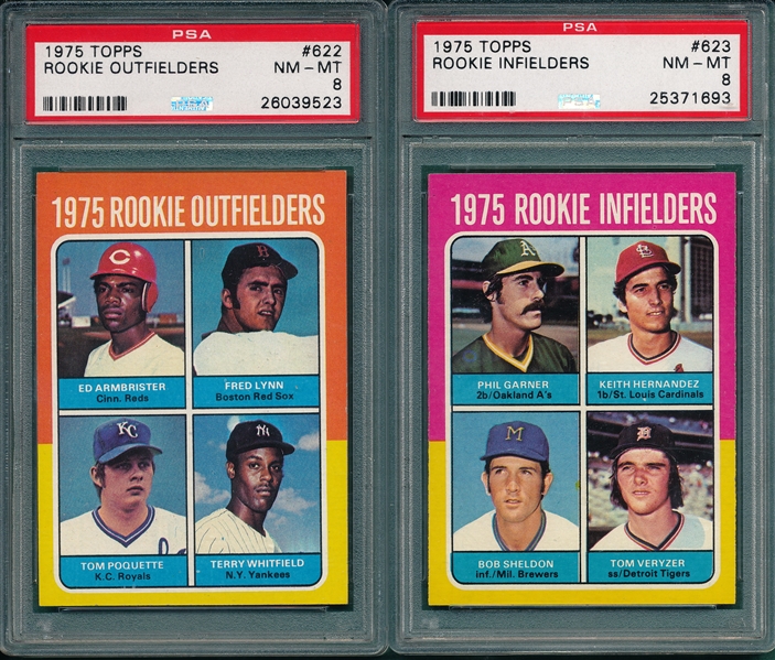 1975 Topps #622 Lynn & #623 Hernandez, (2) Card Lot, PSA 8 *Rookie*