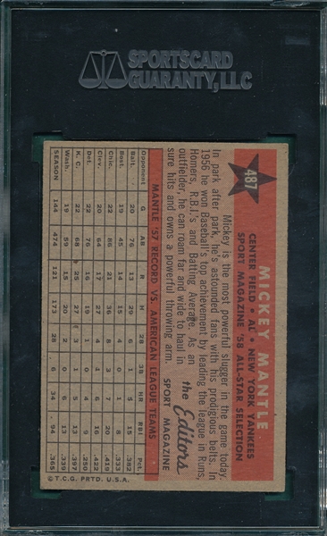 1958 Topps #487 Mickey Mantle, AS, SGC 82