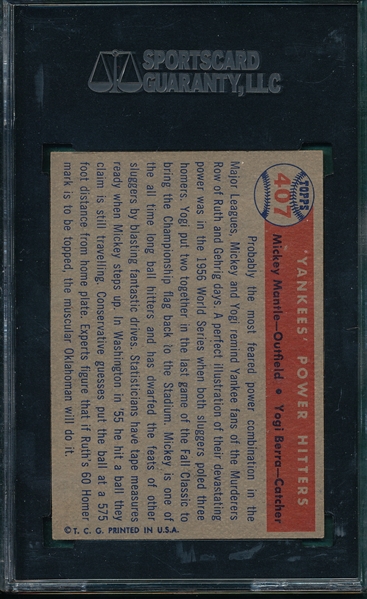 1957 Topps #407 Yankee's Power Hitters W/ Mantle & Berra, SGC 82