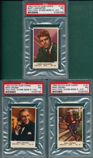 1953 Dutch Gum Cards Lot of (3) W/ Bing Crosby (2) & Lancaster PSA 7