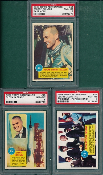1963 Topps Astronauts #44, 45 & 47, Lot of (3) PSA 8