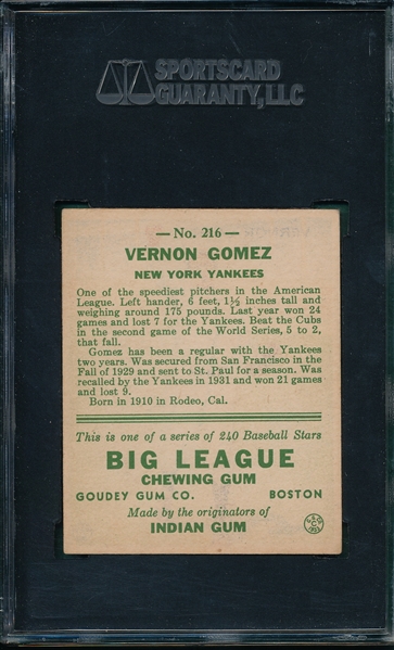 1933 Goudey #216 Vernon Gomez SGC 70