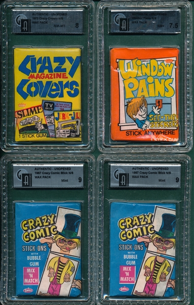 1967-73 Fleer Crazy Magazine Covers, Comic Stick (2) & Window Pains. Unopened Wax Packs Lot of (4) GAI 