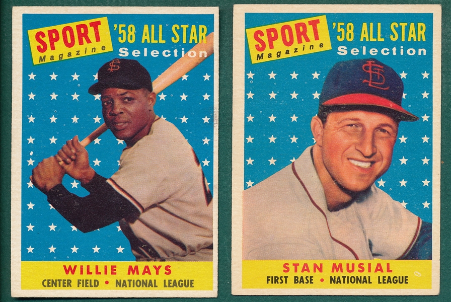 1958 Topps #476 Musial, AS & #486 Mays, AS, Lot of (2) 