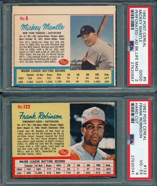 1962 Post Cereal Lot of (5) W/ Mantle PSA