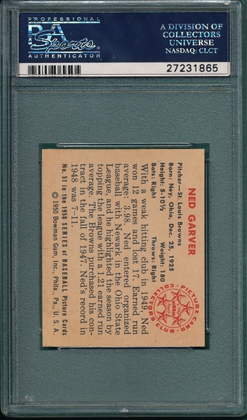 1950 Bowman #51 Ned Garver PSA 9 (OC) *SP*