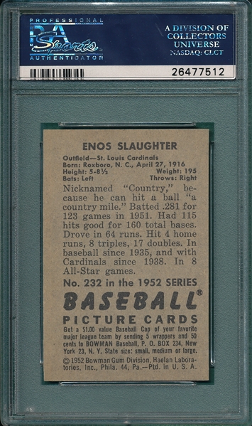 1952 Bowman #232 Enos Slaughter PSA 9 (OC) *Hi#*