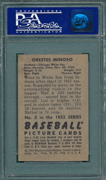 1952 Bowman #5 Minnie Minoso PSA 8 *Rookie*