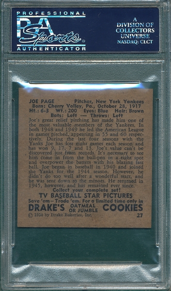 1950 Drake's #27 Joe Page PSA 7 *Only One Graded Higher*