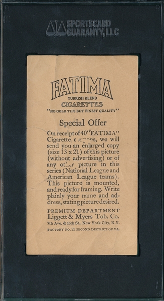 1913 T200 Washington Americans Fatima Cigarettes SGC 10