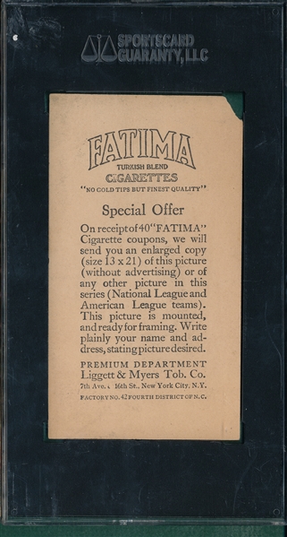1913 T200 Philadelphia Nationals W/ Alezander, Fatima Cigarettes SGC 10