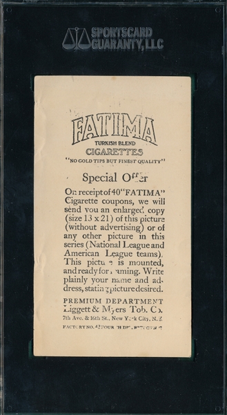 1913 T200 Boston Americans W/ Speaker, Fatima Cigarettes SGC 35
