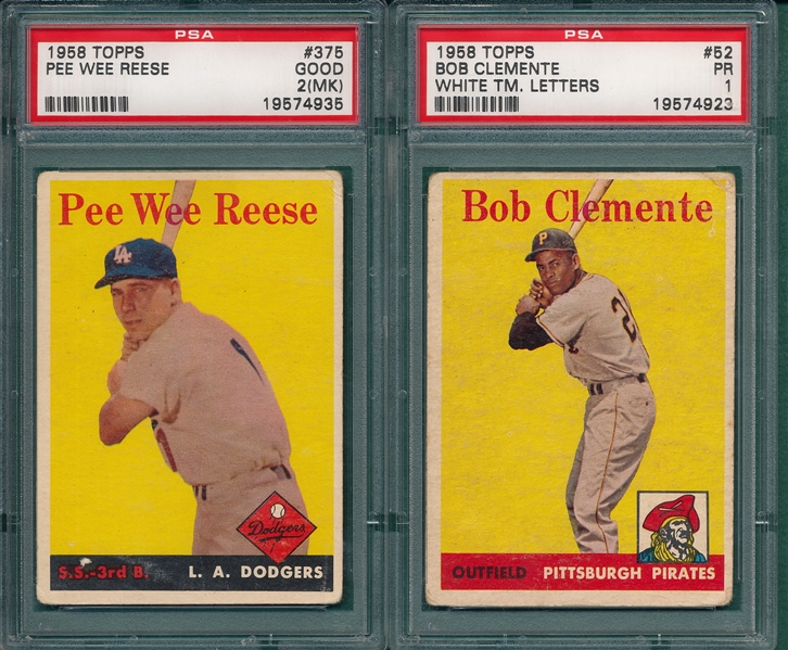 1958 Topps #52 Bob Clemente & #375 Reese, Lot of (2), PSA