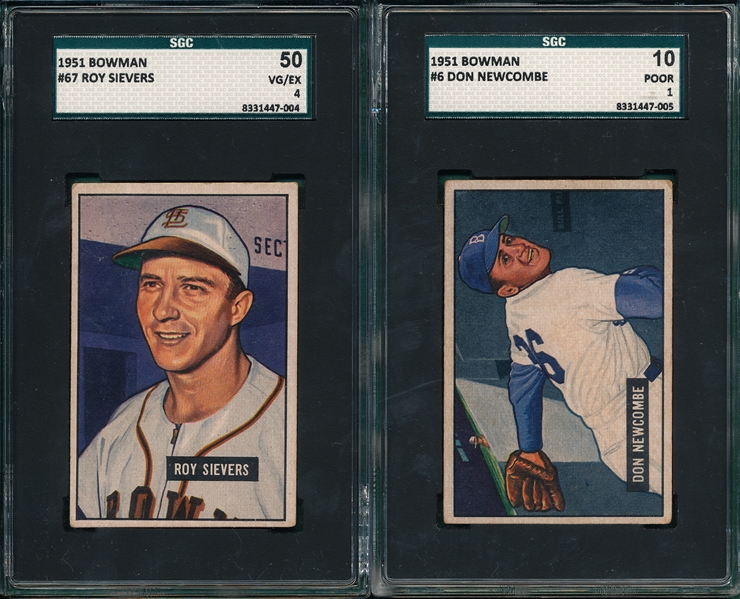 1951 Bowman #67 Sievers & #6 Don Newcombe, Lot of (2) SGC 