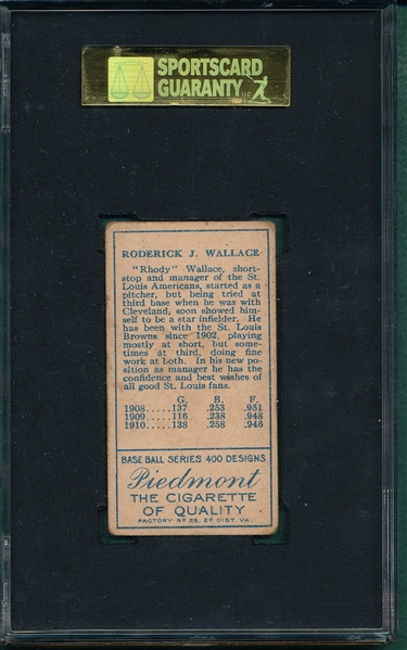 1911 T205 Wallace, W/ Cap Piedmont Cigarettes SGC 40