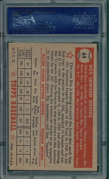 1952 Topps #64 Roy Sievers PSA 6 *Red Back*