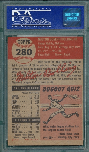 1953 Topps #280 Milt Bolling PSA 7 *Hi #* *Last Card*