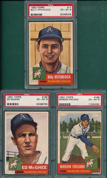 1953 Topps #17 Hitchcock, #195 McGhee & #199 Fricano, Lot of (3), Athletics, PSA 6