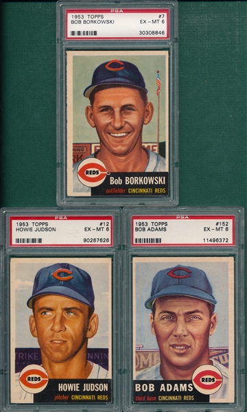 1953 Topps #7 Borkowski, #12 Judson & #152 Adams, Lot of (3), Reds, PSA 6