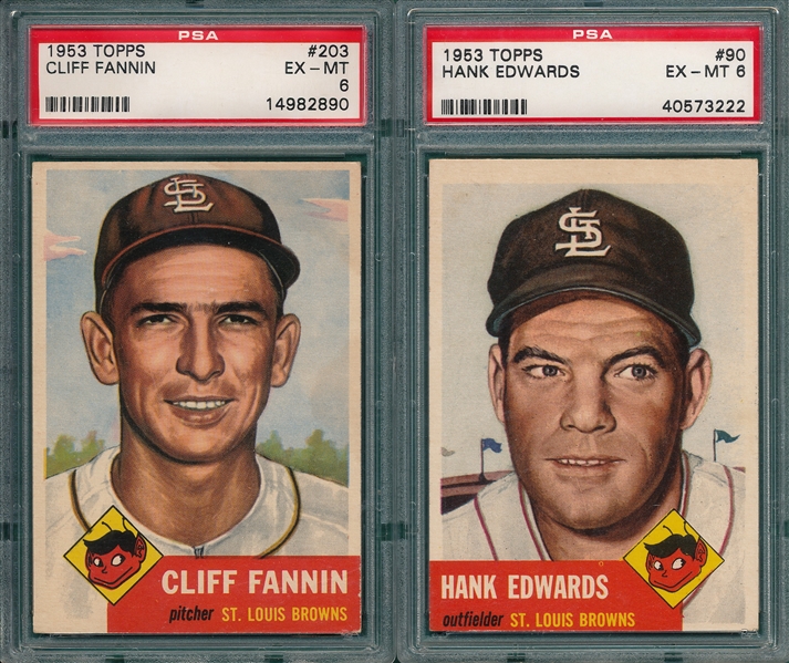1953 Topps #90 Edwards & #203 Fannin, Lot of (2), Browns, PSA 6