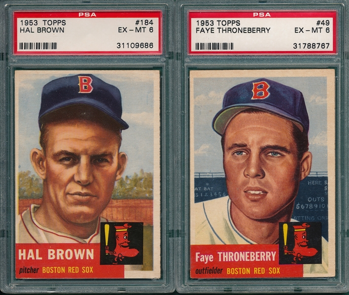1953 Topps #49 Throneberry & #184 Brown, Lot of (2), Red Sox, PSA 6