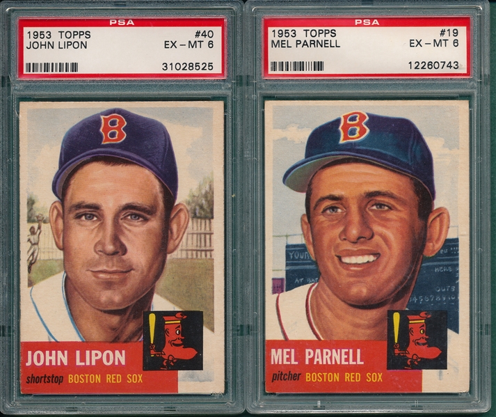 1953 Topps #19 Parnell & #40 Lipon, Lot of (2), Red Sox, PSA 6