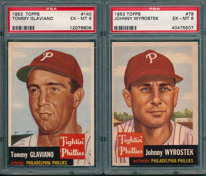 1953 Topps #79 Wyrostek & #140 Glaviano, Lot of (2), Phillies, PSA 6