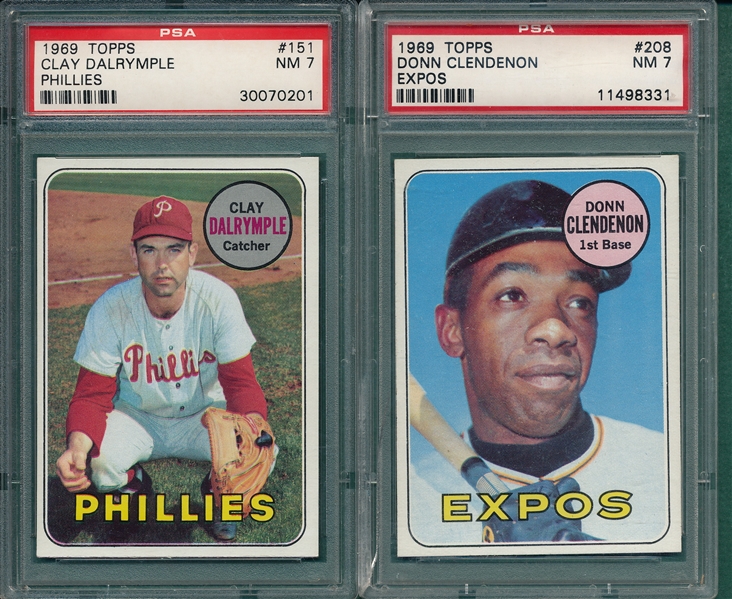 1969 Topps #151 Dalrymple, Phillies & #208 Clendenon, Expos, Lot of (2), PSA 7